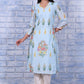 W for Woman Blue Floral Printed Chanderi A-Line Kurta
