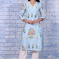 W for Woman Blue Floral Printed Chanderi A-Line Kurta