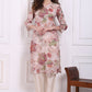 W for Woman Beige Floral Printed Chanderi Straight Kurta