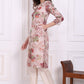 W for Woman Beige Floral Printed Chanderi Straight Kurta