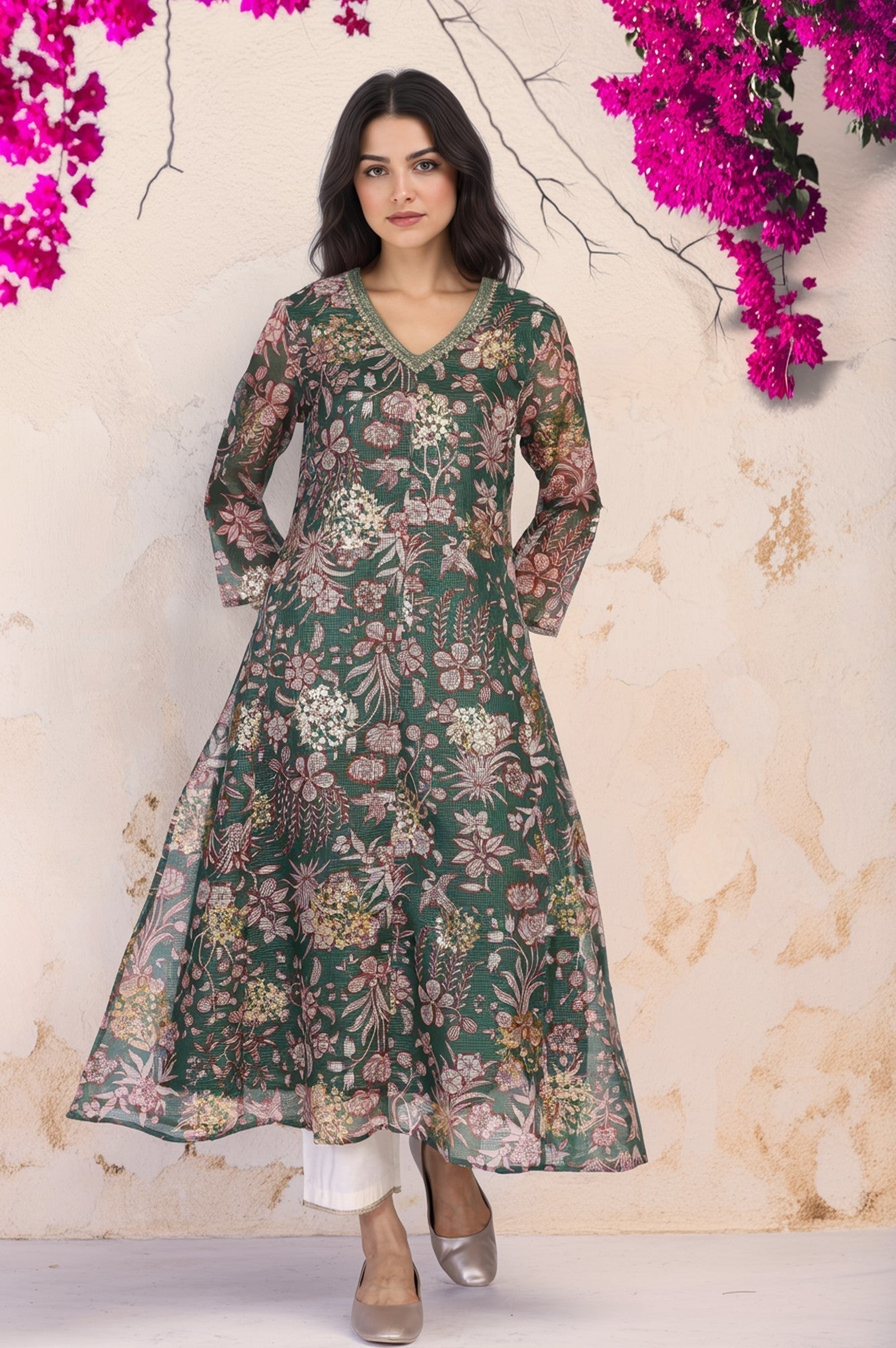 W for Woman Green Floral Print Dori Embroidery Straight Kota Doria Kurta