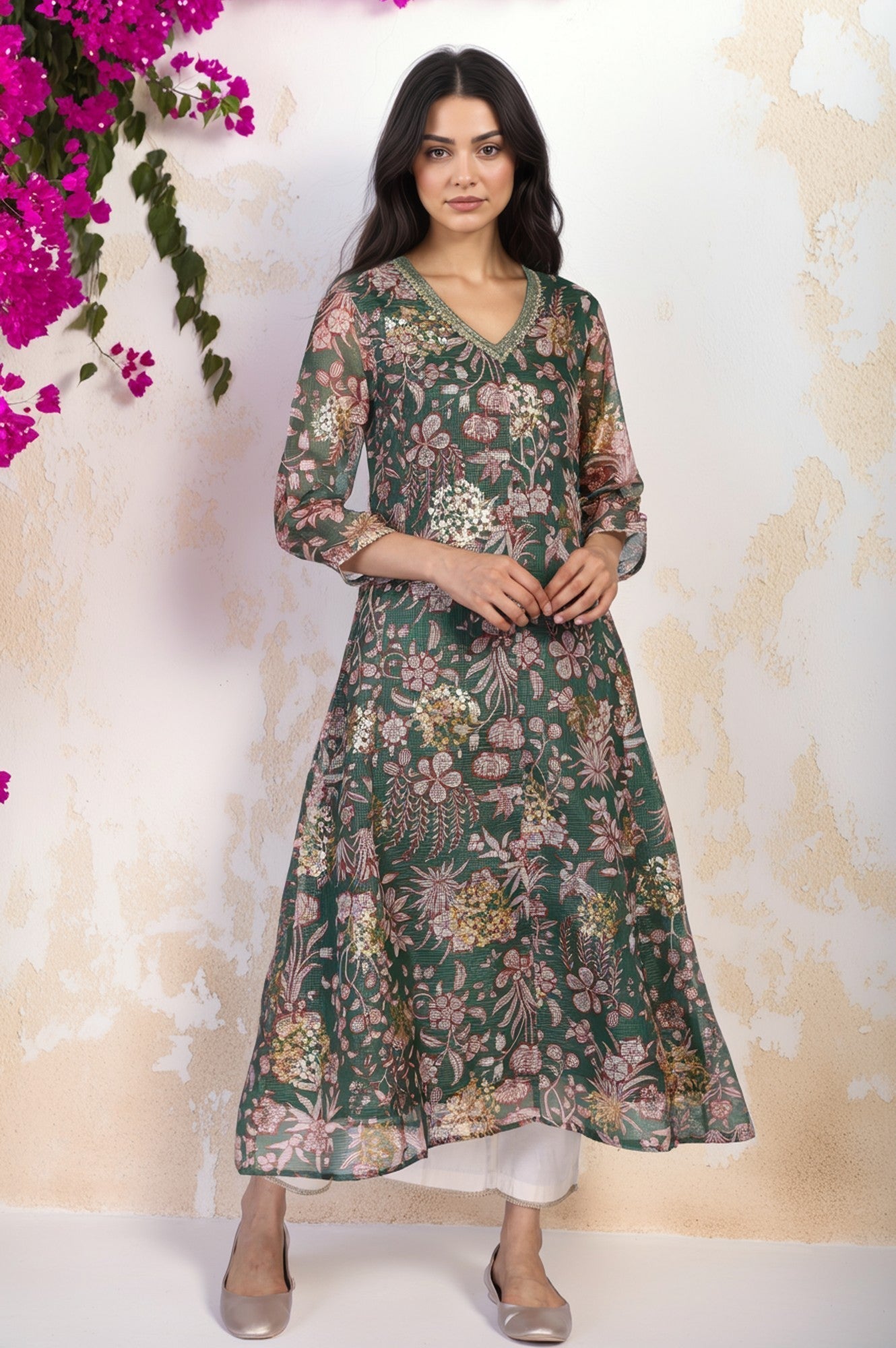 W for Woman Green Floral Print Dori Embroidery Straight Kota Doria Kurta