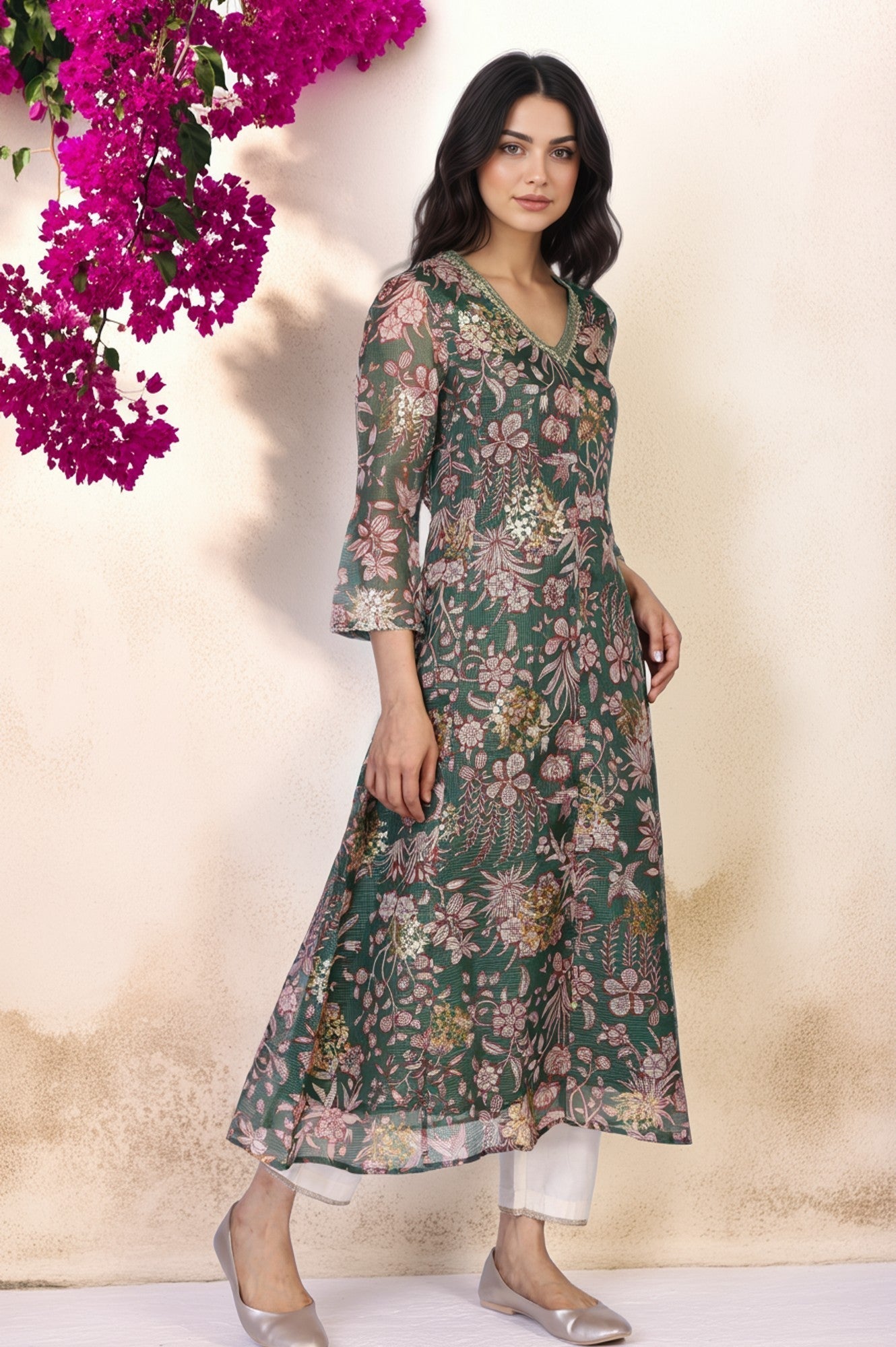 W for Woman Green Floral Print Dori Embroidery Straight Kota Doria Kurta