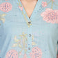 W for Woman Blue Floral Printed Thread Work Straight Rayon Kurta