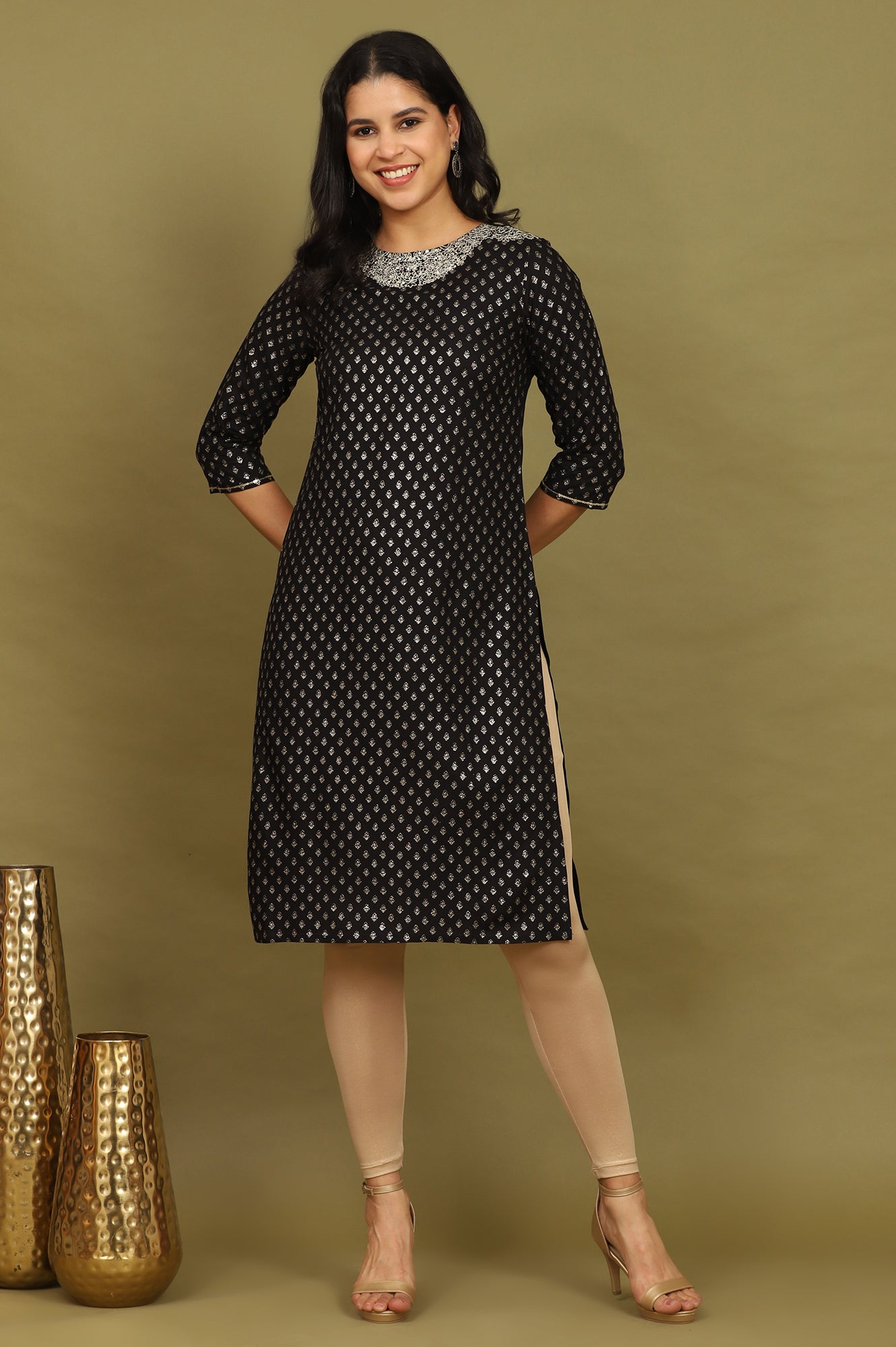 W for Woman Black Glitter Printed Rayon Straight Kurta with Embroidered Neck