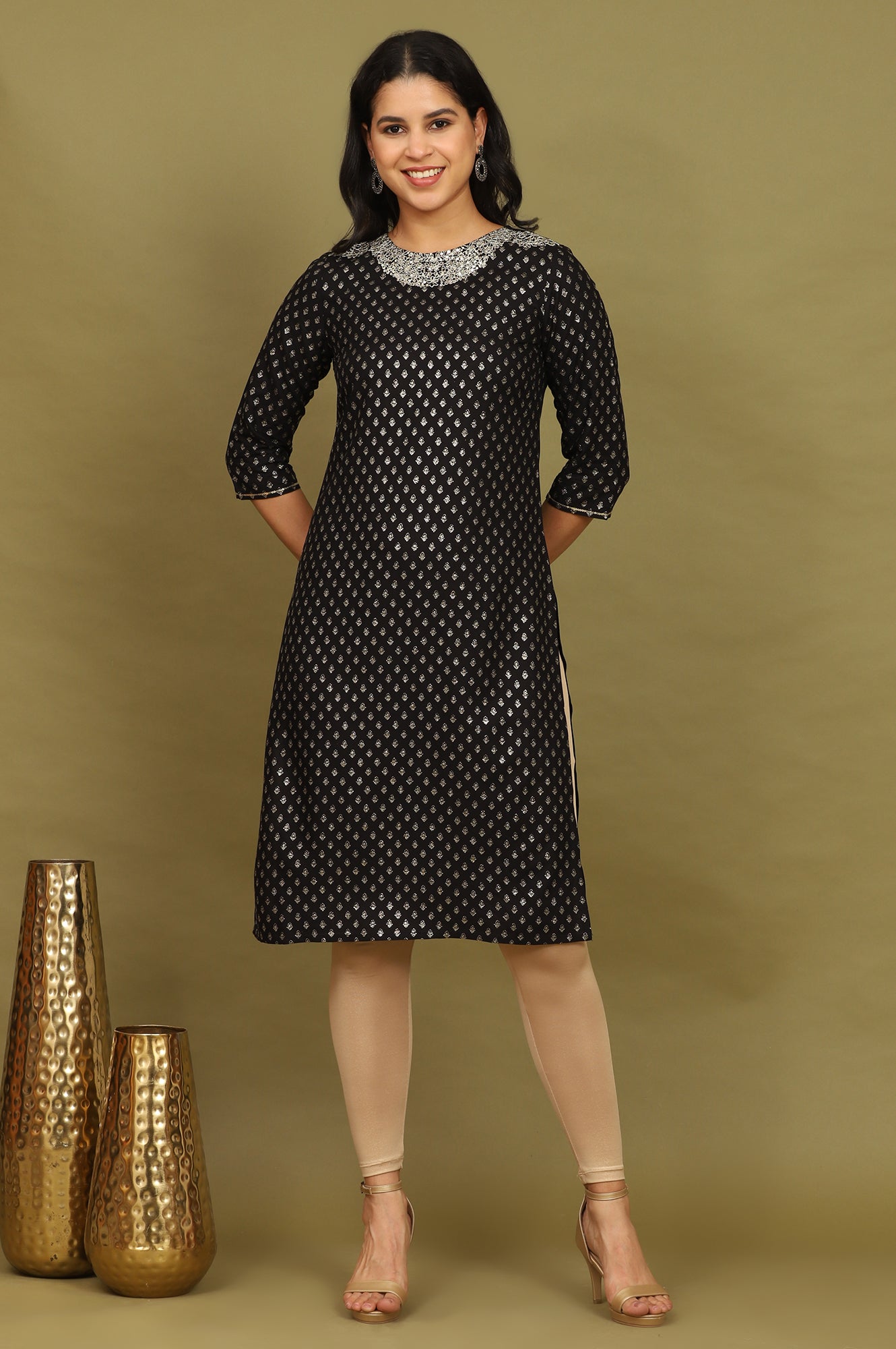 W for Woman Black Glitter Printed Rayon Straight Kurta with Embroidered Neck