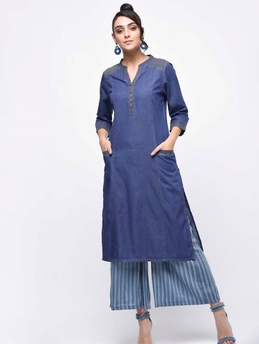 Aniyah Denim Princess Line Straight Kurta In Blue (AN-128K) - Swadesiicart