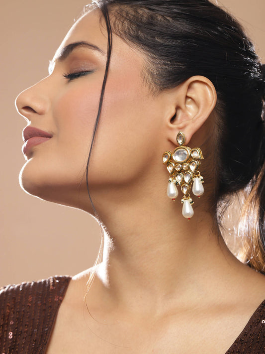Gold-Toned White Contemporary Gold-Polished Drop Earrings - Ruby Raang | Swadesiicart