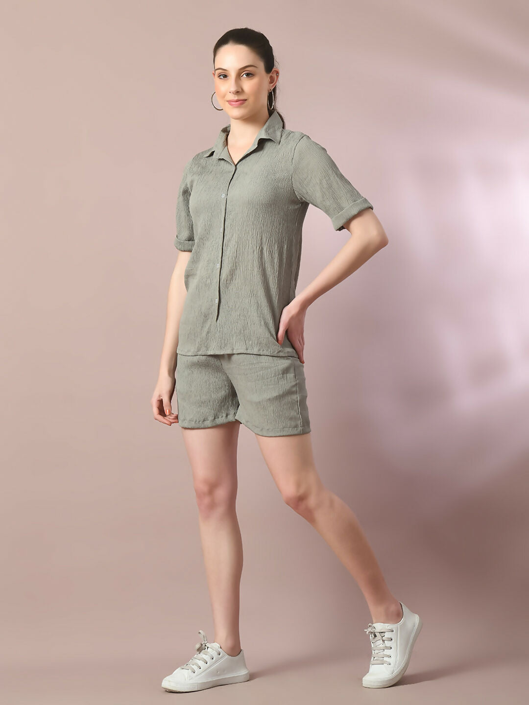 Myshka Women's Grey Solid Shirt Collar Party Shirt With Shorts Co-ord set - Swadesiicart
