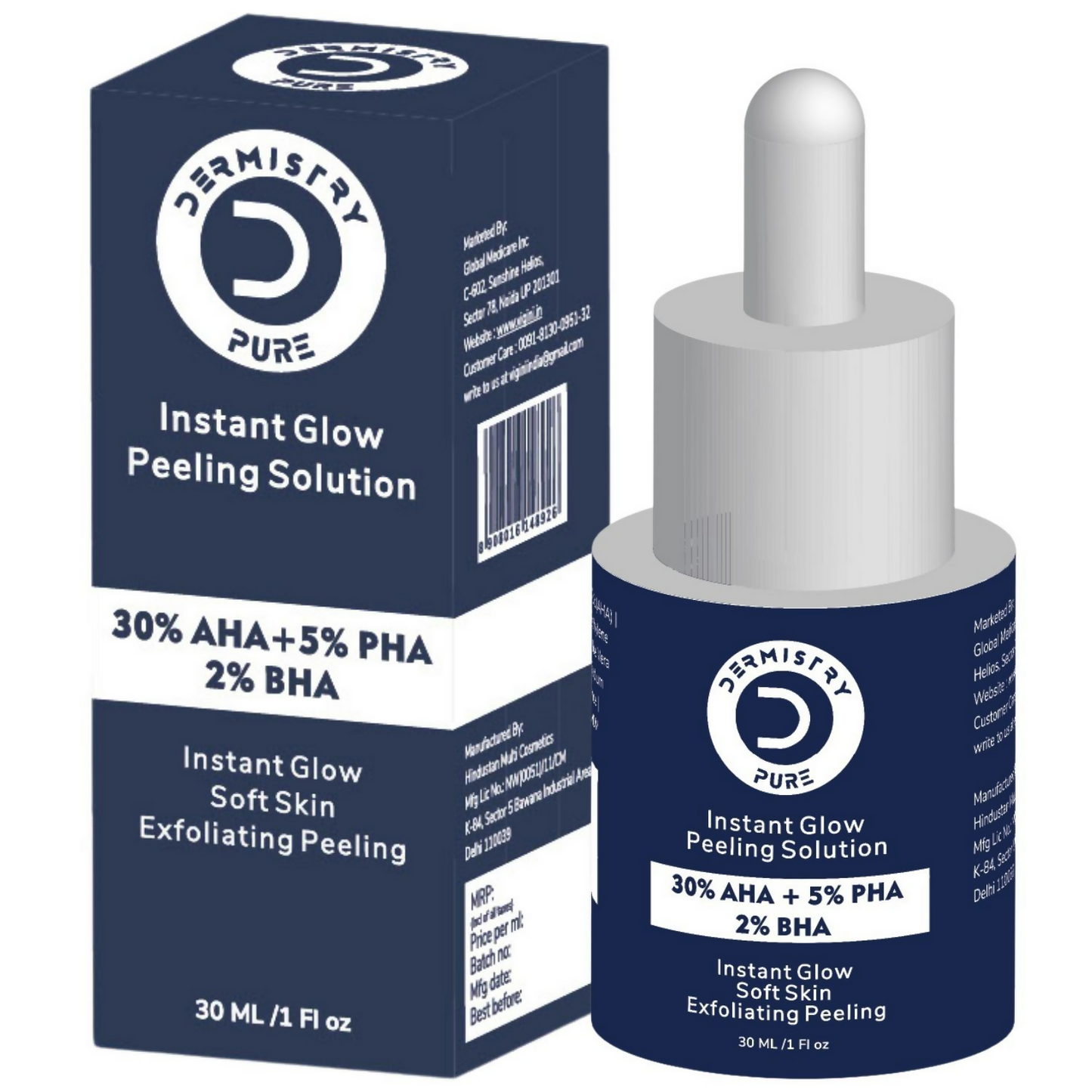 Dermistry 30% AHA 5% PHA 2% BHA Peeling Exfoliating Solution Instant Bright Glow Fairness Face Serum - Swadesiicart