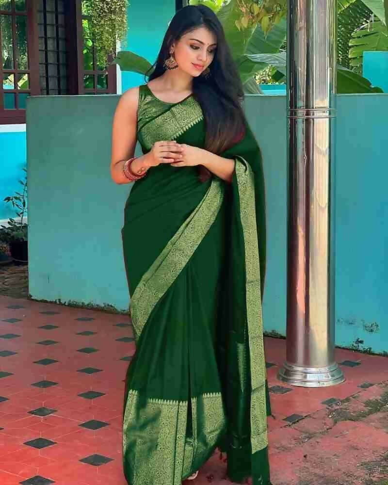 DEIANA'S Beautiful Designer Golden zari Soft Lichi Silk Saree - P Green - Swadesiicart