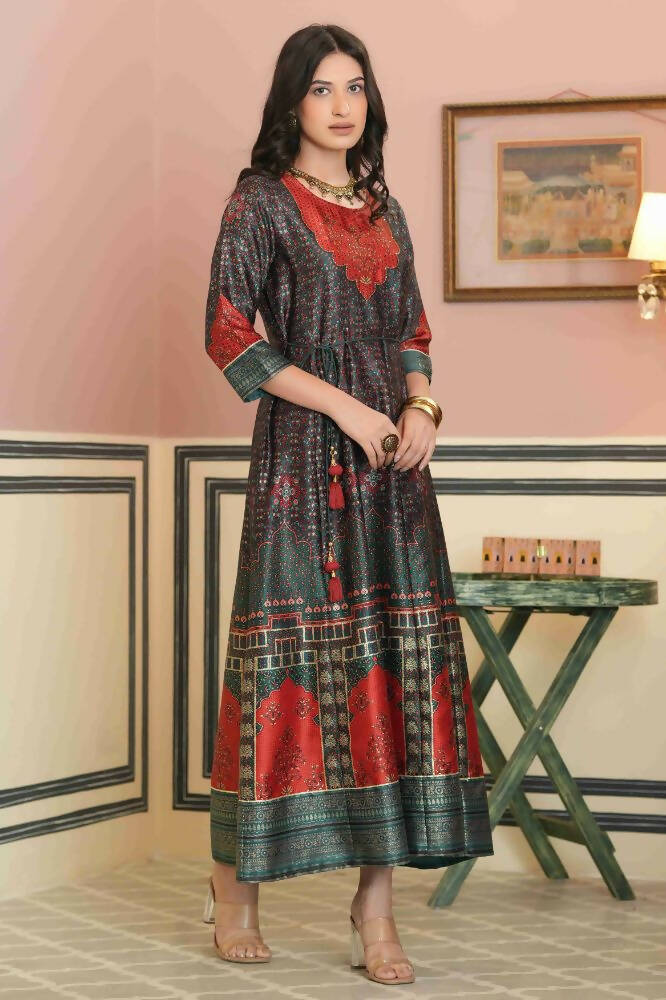 Juniper Green Satin Festive Printed Anarkali Flared Anarkali Kurta For Women | Swadesiicart