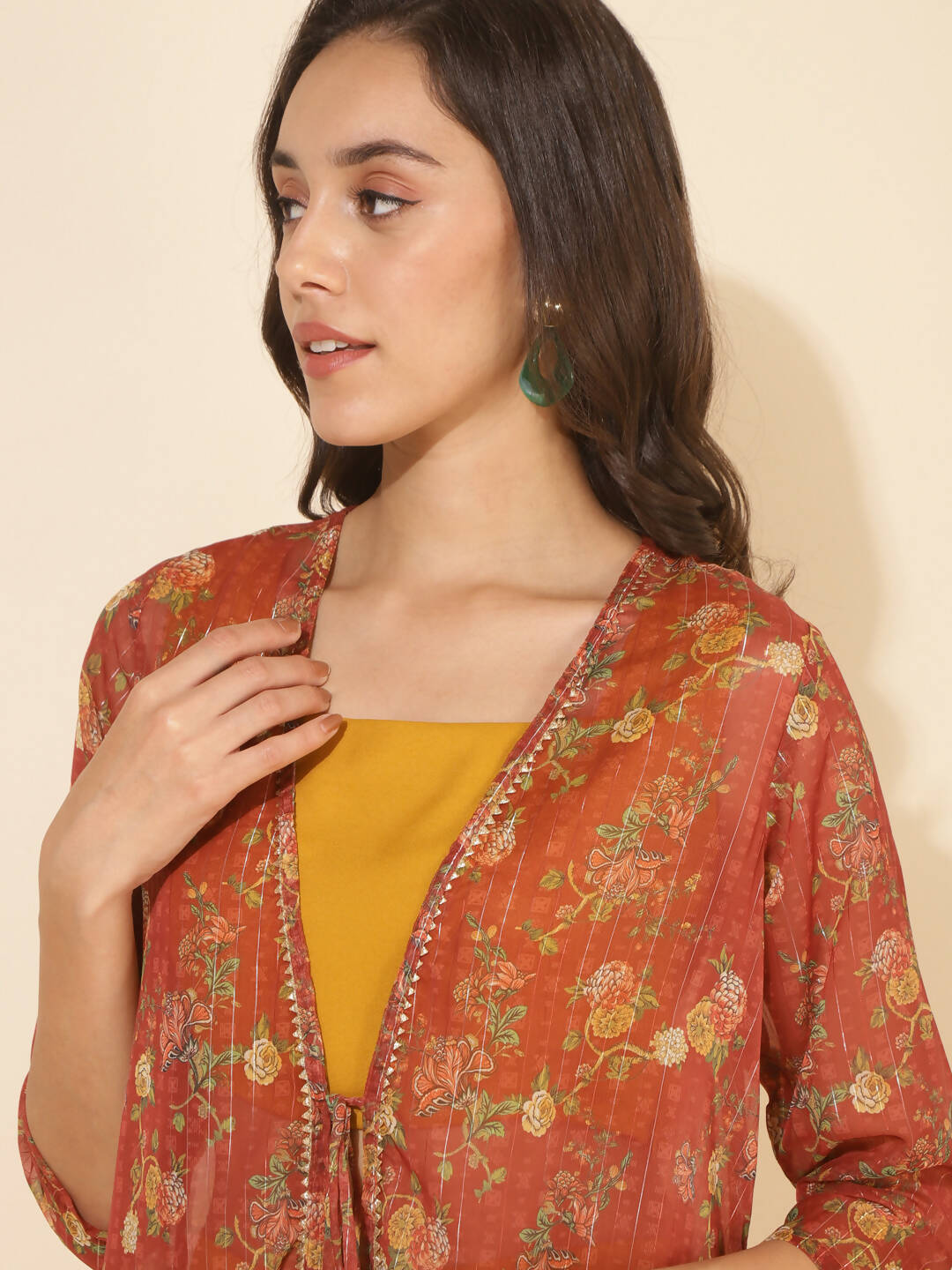 Janasya Women's Mustard Moss Solid Festive Crop Top Set | Swadesiicart