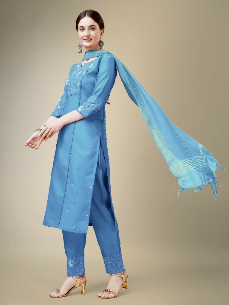 Jyoti Fashion Women's Sky Blue Cotton Blend Embroidery & Fancy Lace work Kurta with Trouser & Dupatta | Swadesiicart