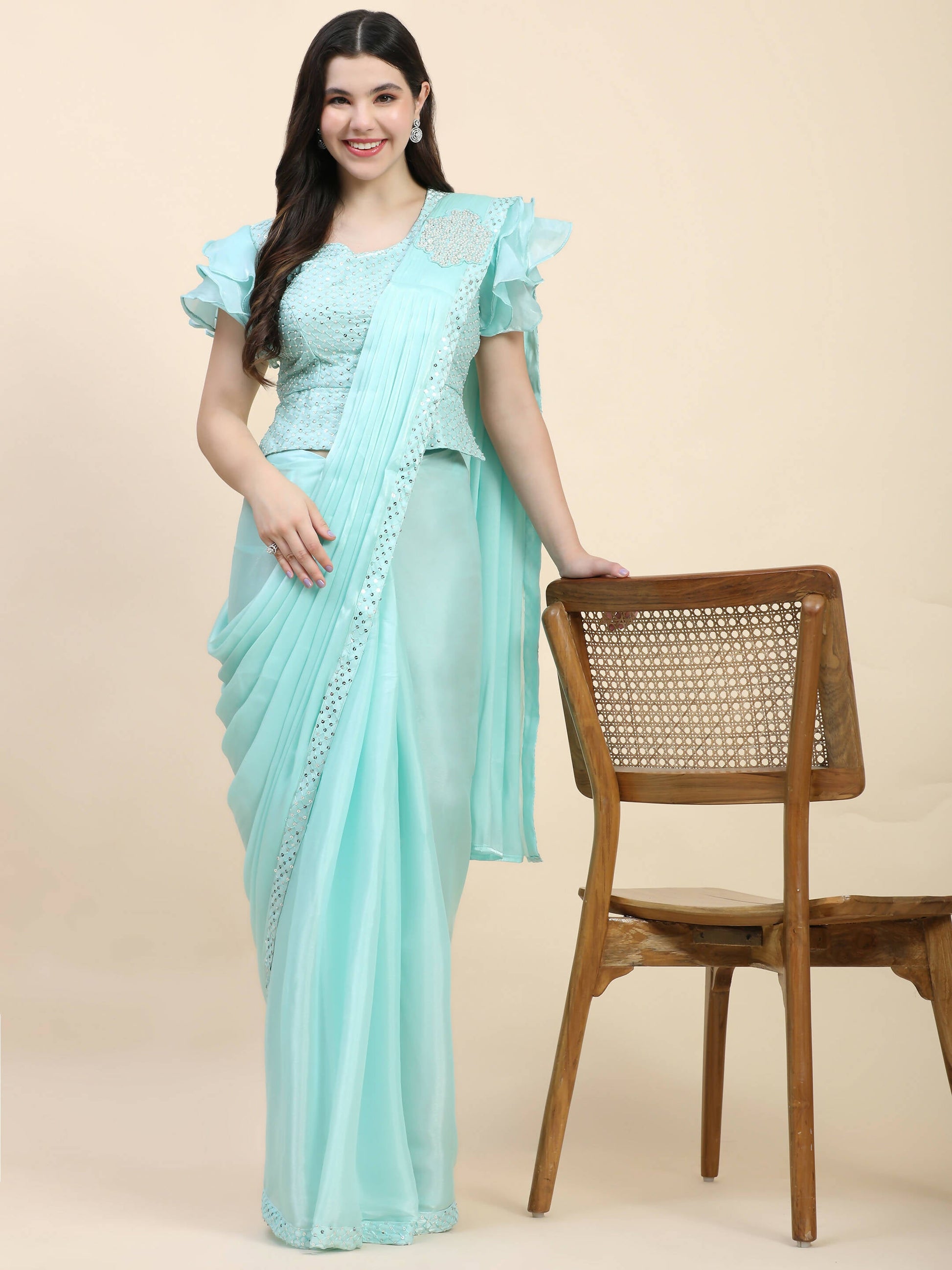 Light Blue Silk Satin Sequence Work Ready to Wear Saree with stitched Blouse - Nirvana | Swadesiicart