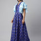 Ahalyaa Women Royal Blue Poly Silk Gold Paste Printed Dress | Swadesiicart