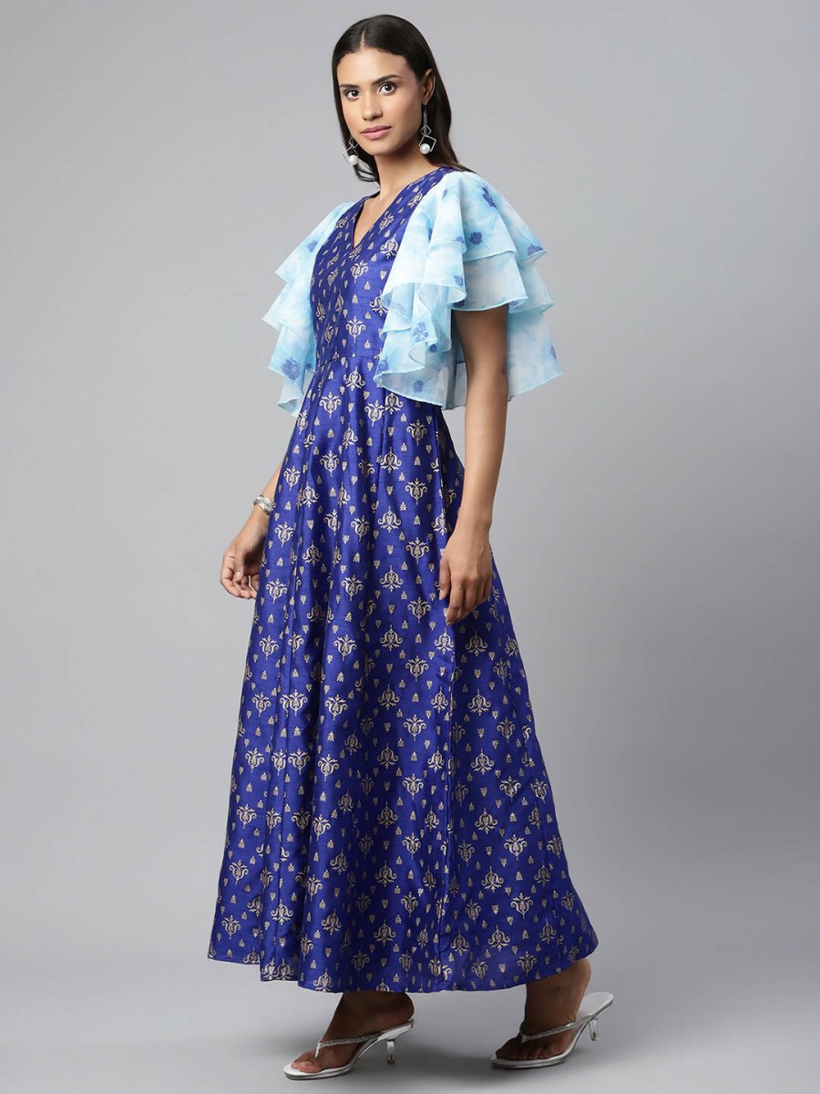 Ahalyaa Women Royal Blue Poly Silk Gold Paste Printed Dress | Swadesiicart