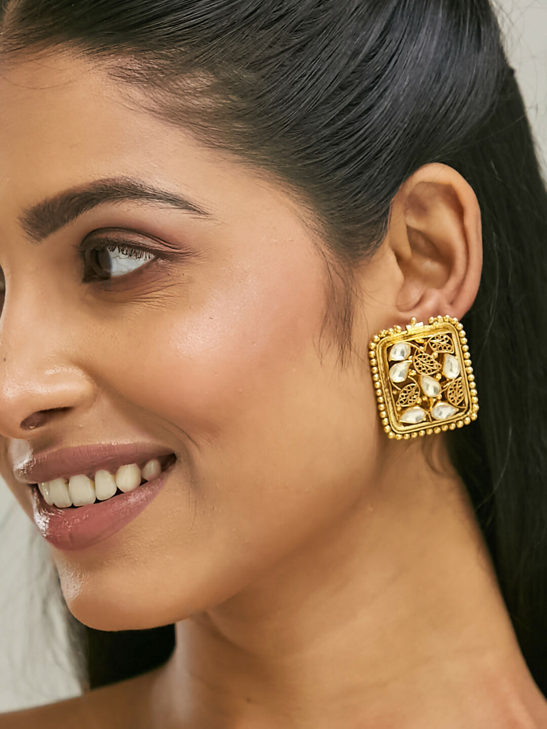 Nuyug 22K Gold-Plated Kundan & Filigree Concept Rectangular Leafy Studs | Swadesiicart