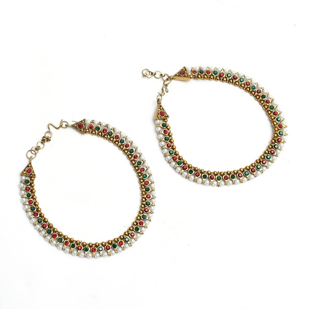 Mominos Fashion Kamal Johar Multi Kundan Anklets With Pearls | Swadesiicart