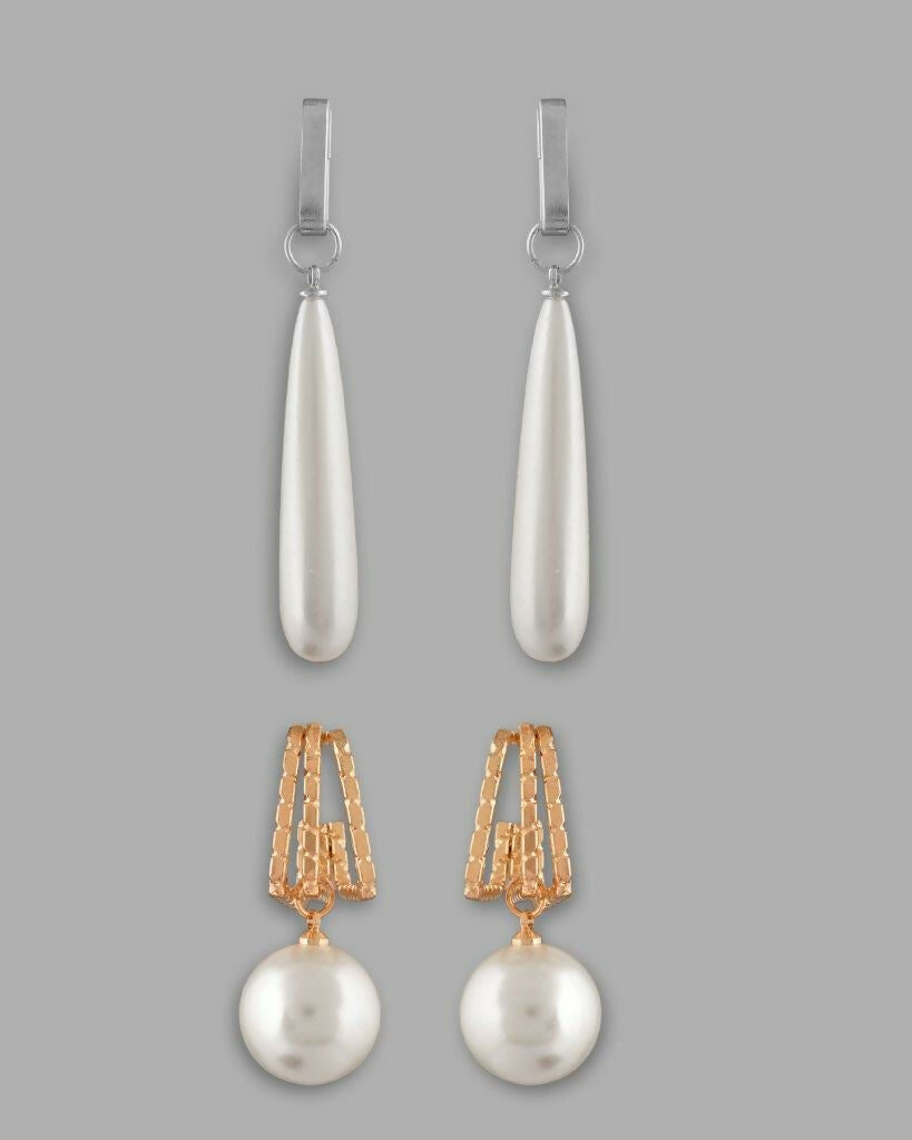 VOJ Set Of 2 Korean Drop Earrings - Gold-Polished and Silver Plated With White Pearl - Swadesiicart