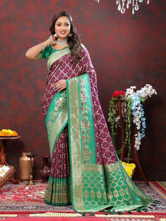 Lorenvalley Fashion Wine & Green Patola Silk Woven Design Meenakari Weaving Saree - Swadesiicart