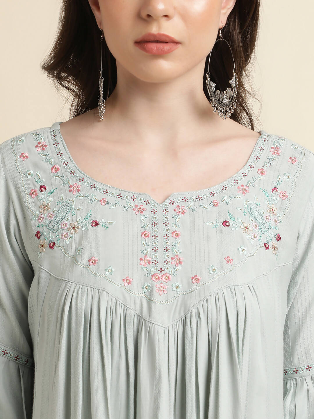 Light Blue Poly Cotton Yoke Embroidered A-line Top - Tarini - Swadesiicart