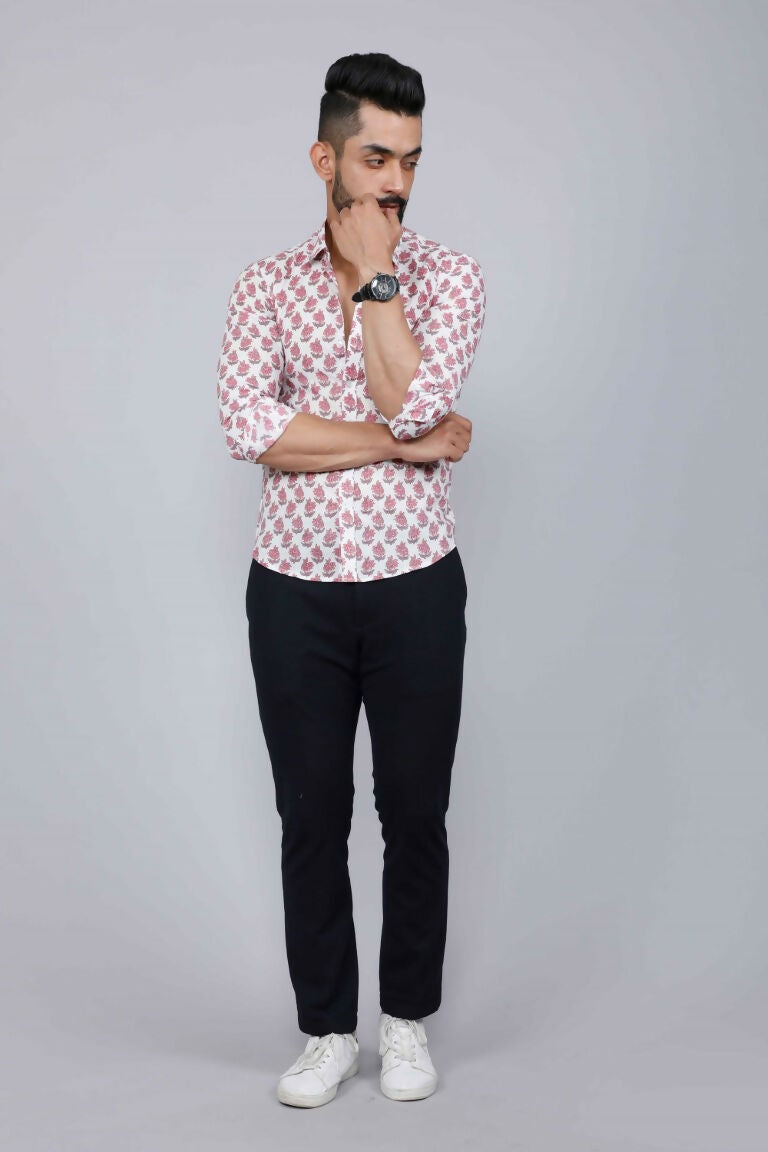 Miravan Men's White & Pink Spread Collar Floral Print Shirt | Swadesiicart