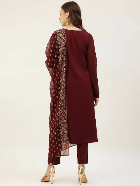 FIORRA Women's Maroon Poly Crepe Straight Kurta Pant With Dupatta - Swadesiicart