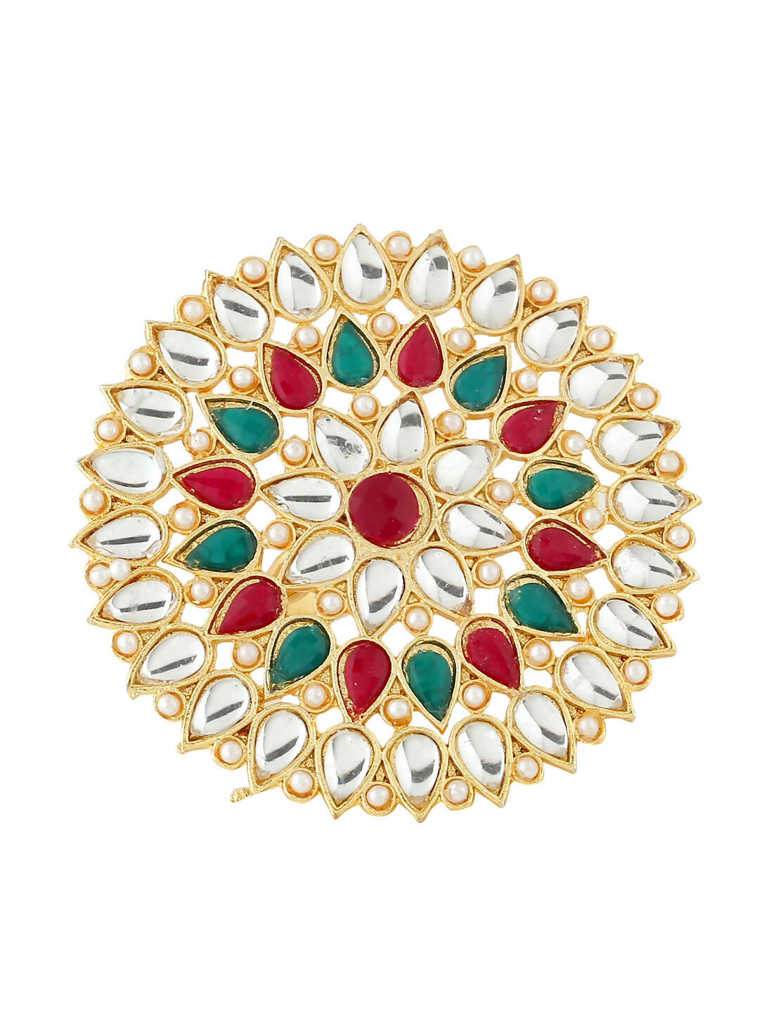 NVR Women's Traditional Ethnic Kundan Meenakari Gold-Polished Ajustable Finger Ring | Swadesiicart