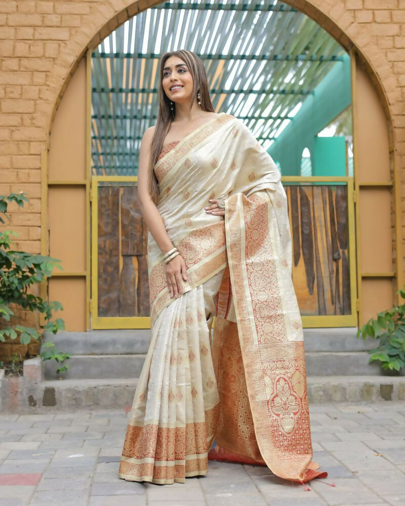 Vamsee Madhavi White Soft Silk Saree - Swadesiicart