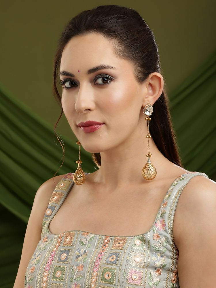 Glass Kundan Antique finish Long Earrings - Ruby Raang | Swadesiicart