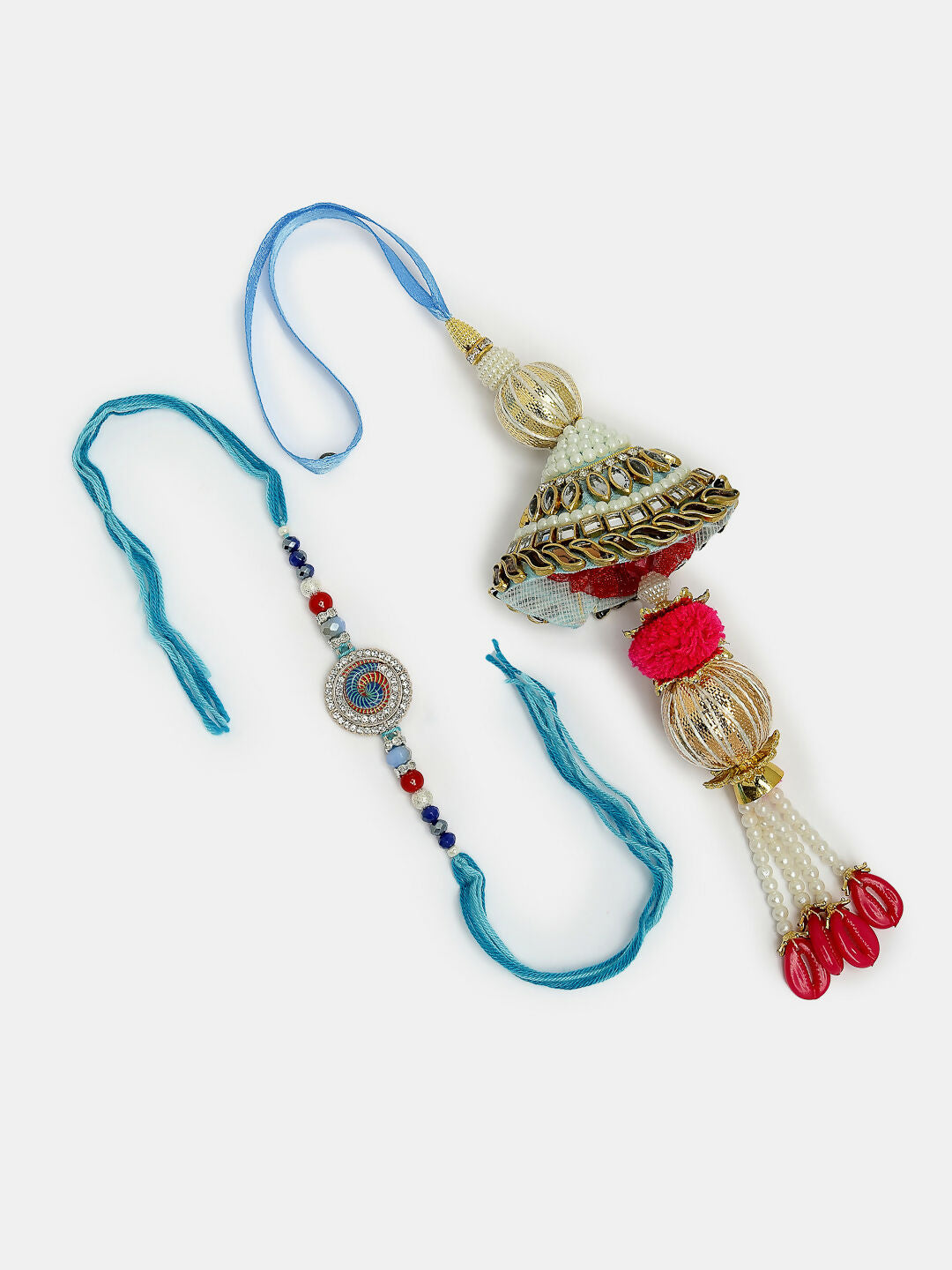 NVR Women & Men Set of 2 Blue Kundan-Studded & Beaded Bhaiya Bhabhi Rakhi With Roli Chawal | Swadesiicart