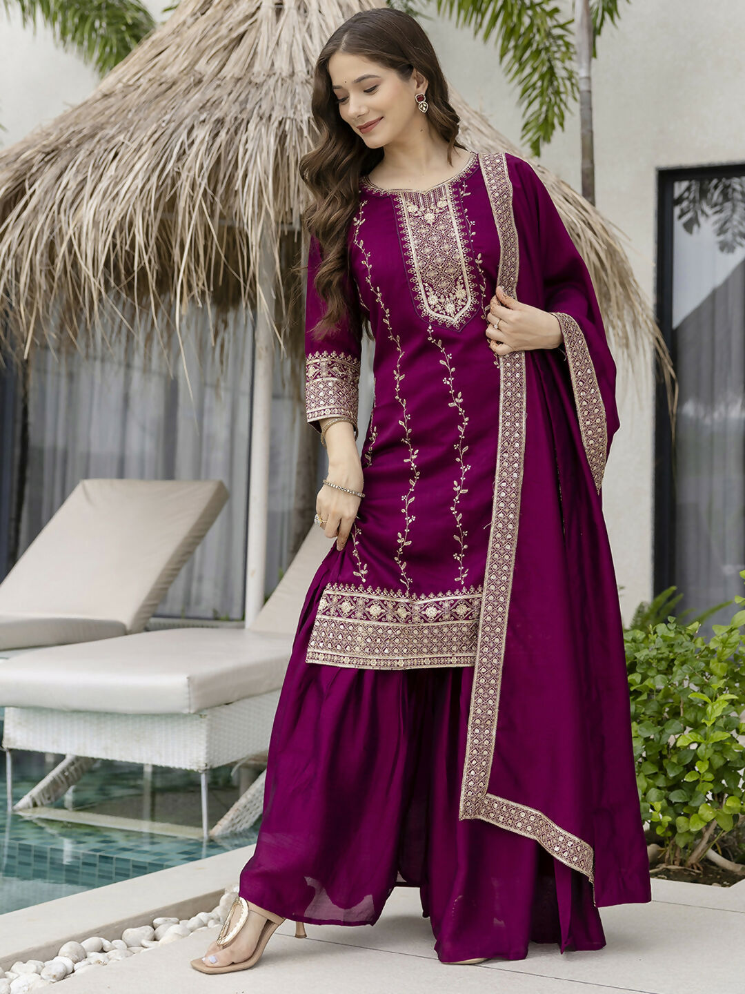 The52 Wine Beautiful Embroidered Vichitra Silk Fabric Straight Kurta, Palazzo and Dupatta Set - Swadesiicart