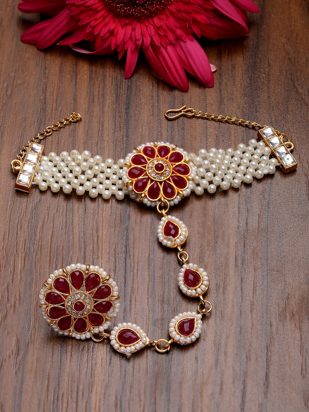 NVR Women's Red Gold-Polished Stone Studded Handcrafted Ring Bracelet - Swadesiicart