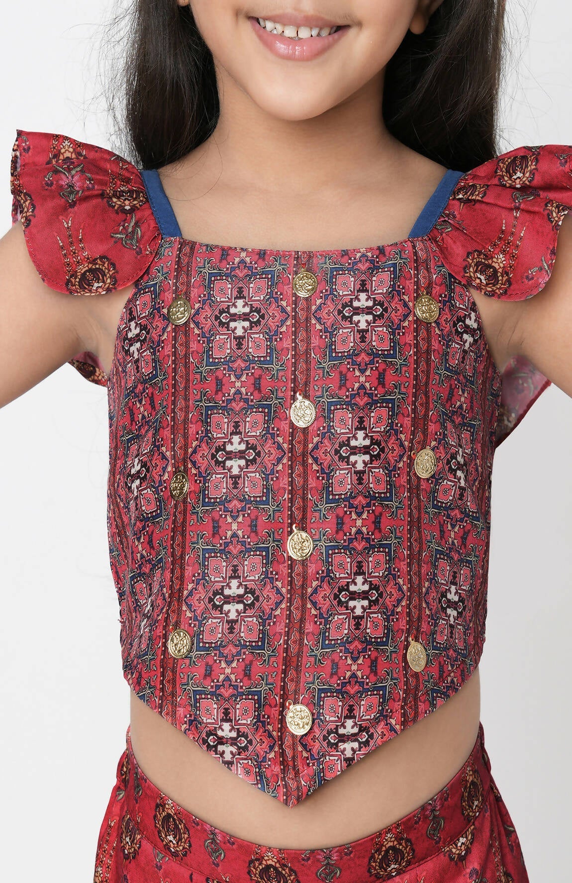 Lil Drama Ethnic Twist Girls Red Print Box Pleat Pant With Top Co-Ordinate Set - Swadesiicart