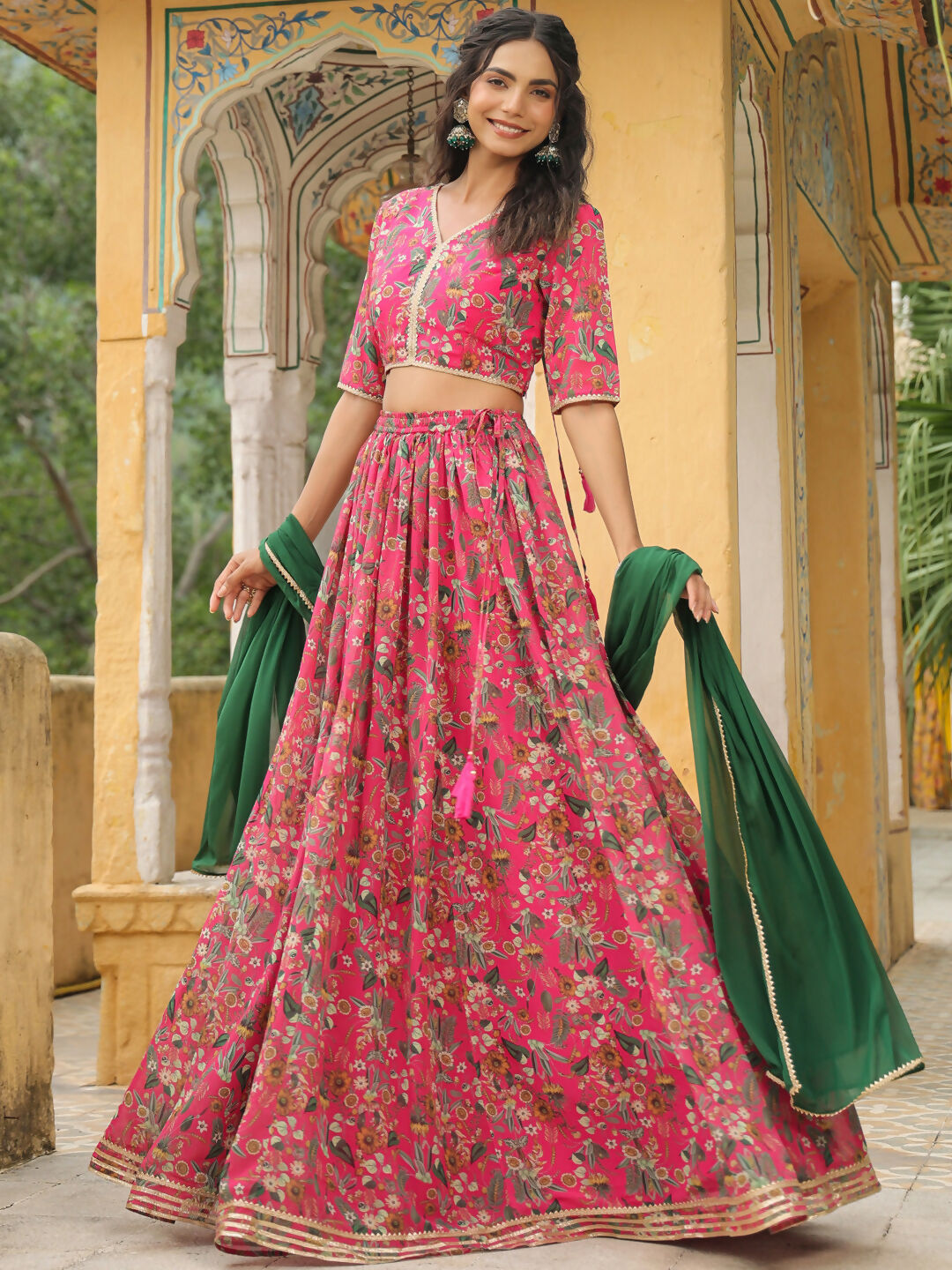 Janasya Pink Georgette Floral Lehenga Choli Dupatta | Swadesiicart