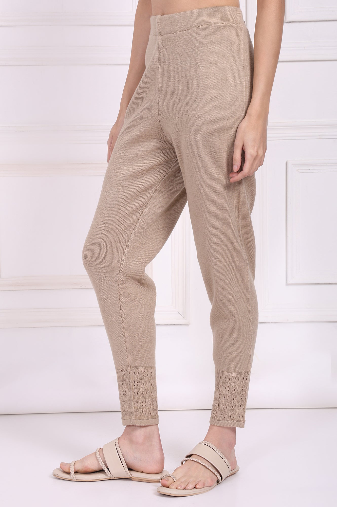 W for Woman Beige Solid Acrylic Winter Legging