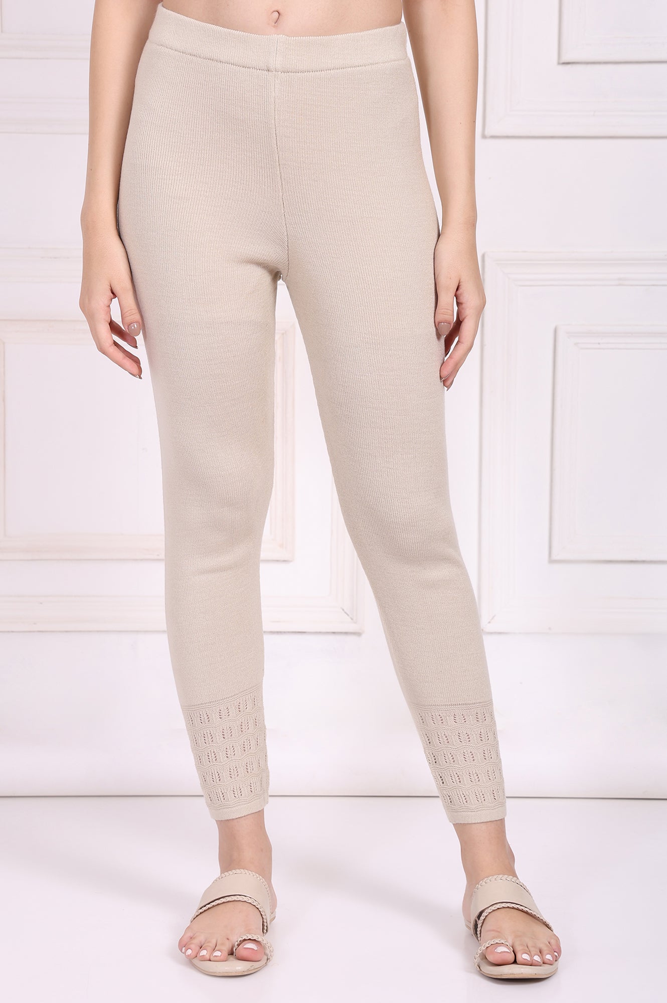 W for Woman Beige Solid Acrylic Winter Legging