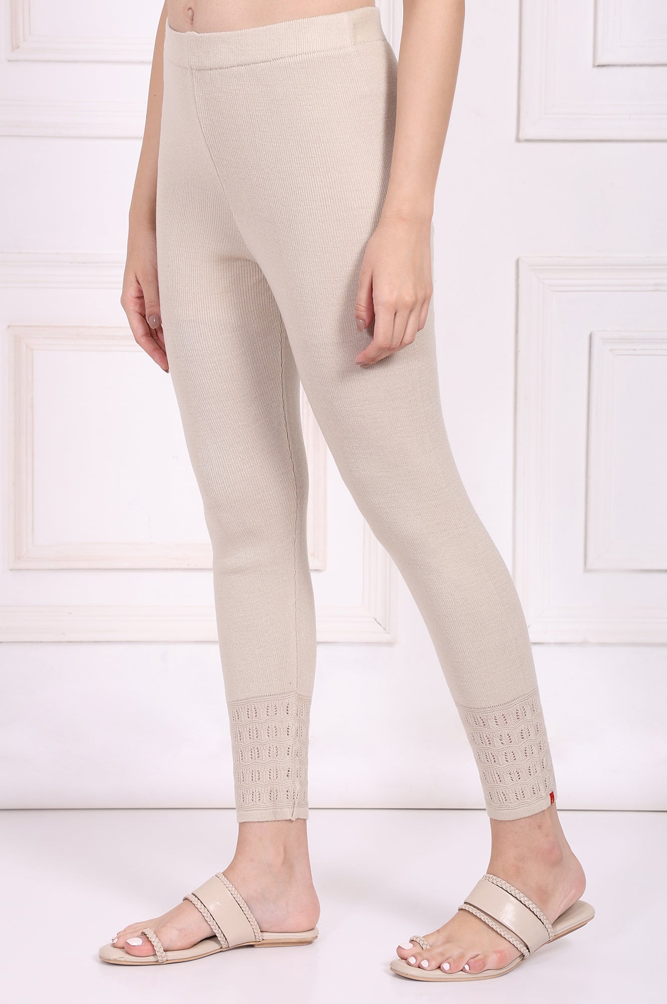 W for Woman Beige Solid Acrylic Winter Legging