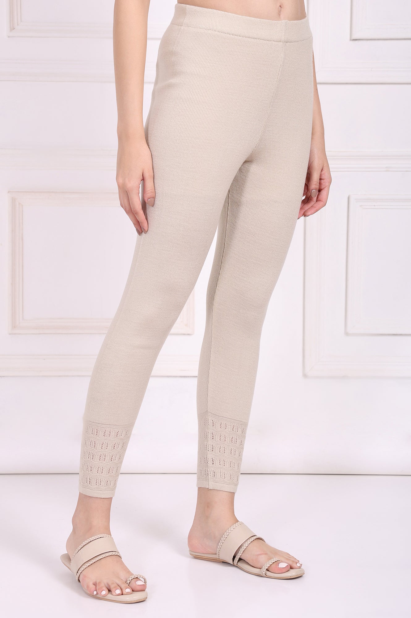 W for Woman Beige Solid Acrylic Winter Legging