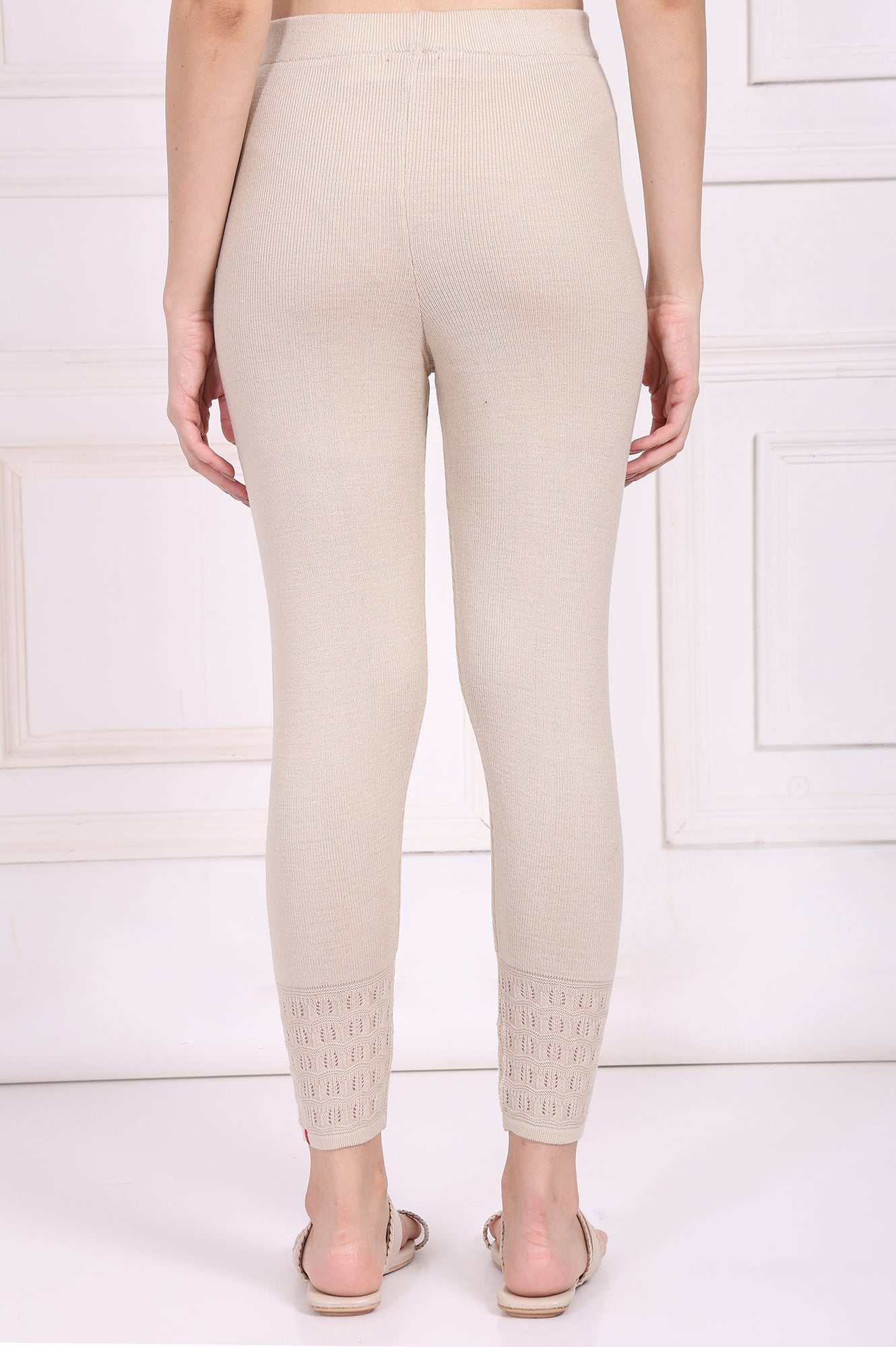 W for Woman Beige Solid Acrylic Winter Legging