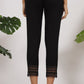 W for Woman Black Solid Cotton Flax Slim Pants with Lace