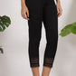 W for Woman Black Solid Cotton Flax Slim Pants with Lace