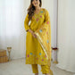 The52 Yellow Women's Gorgeous Embroidered work Viscose Gadhwal Fabric Straight Kurta, Pant and Dupatta Set - Swadesiicart