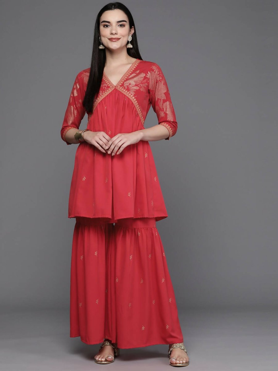 Ahalyaa Women Floral Printed Tunic with Palazzos - Red Color | Swadesiicart