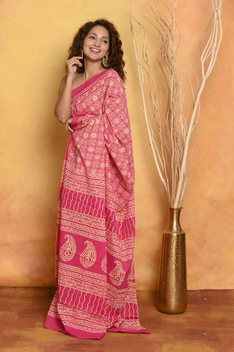 Very Much Indian Pure Cotton - Natural Dyes Handblock Printed Saree - Pink | Swadesiicart
