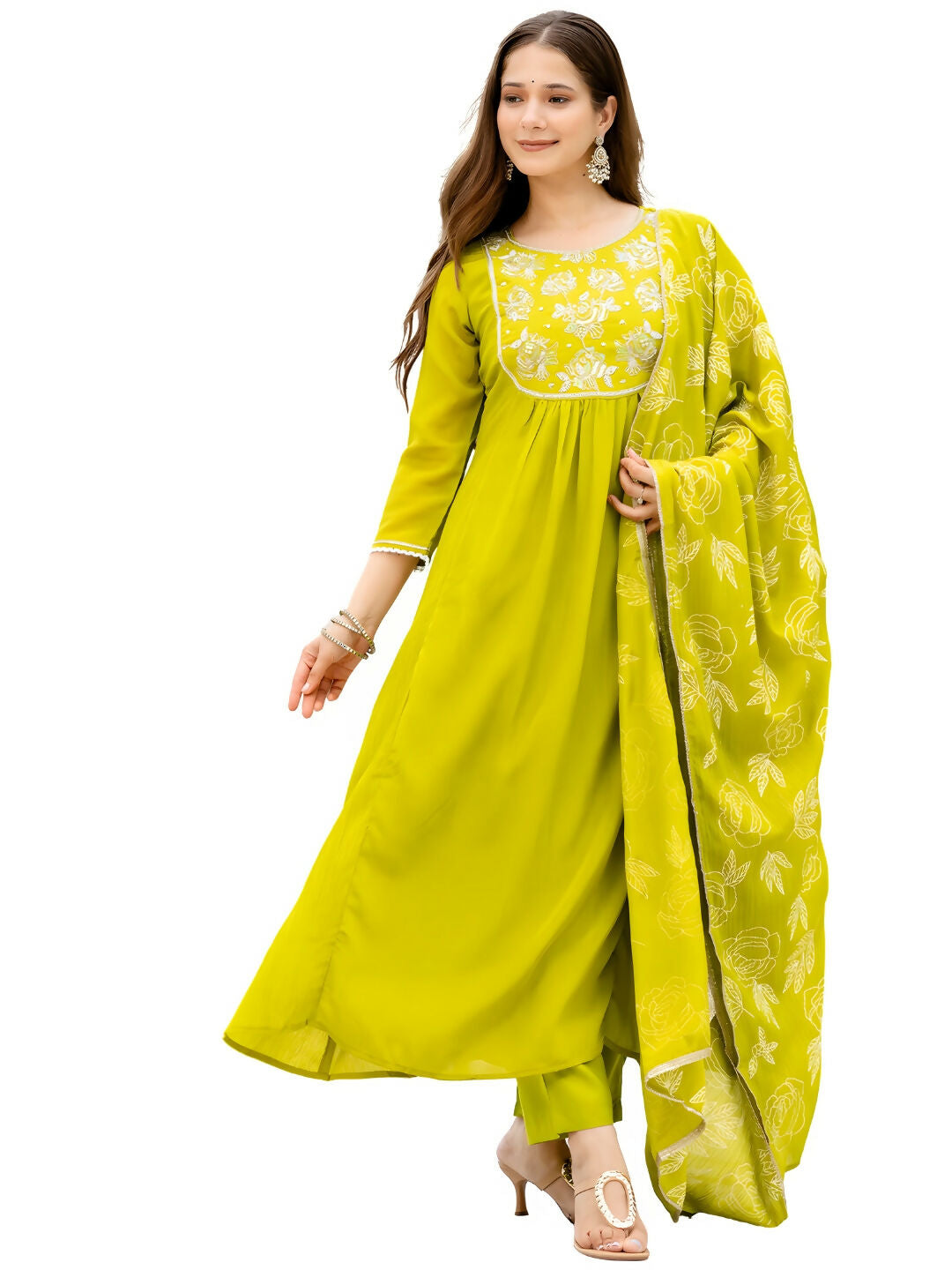 The52 Liril Women's Beautiful Embroidered work Chinon Fabric with Flared Kurta, Pant and Dupatta Set - Swadesiicart