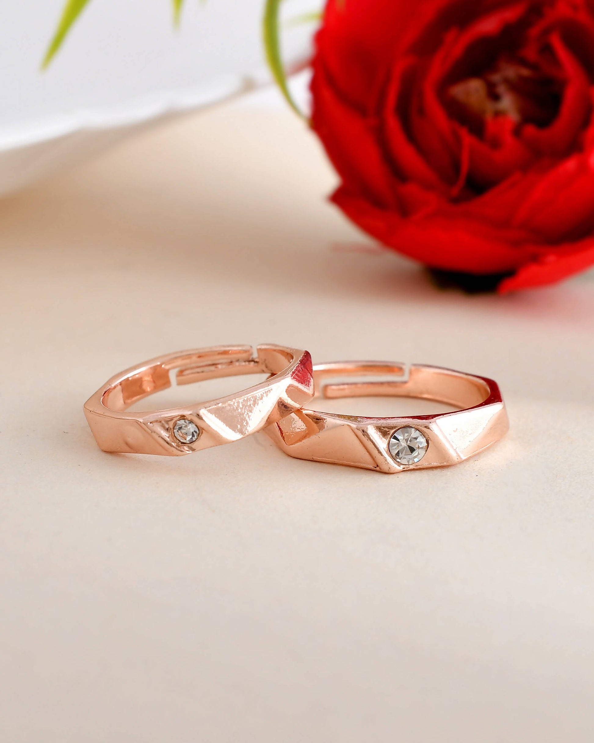 VOJ Stainless Steel Cubic Zirconia Rose Gold-Polished Adjustable Ring Set for Couple | Swadesiicart