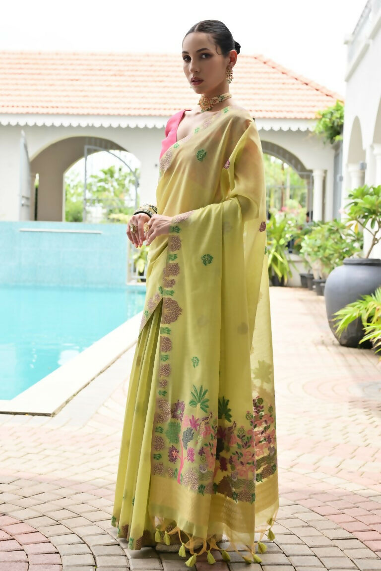 Vishnu Weaves Women's Pista Muga Cotton Thread Weaving Saree with Blouse - Swadesiicart