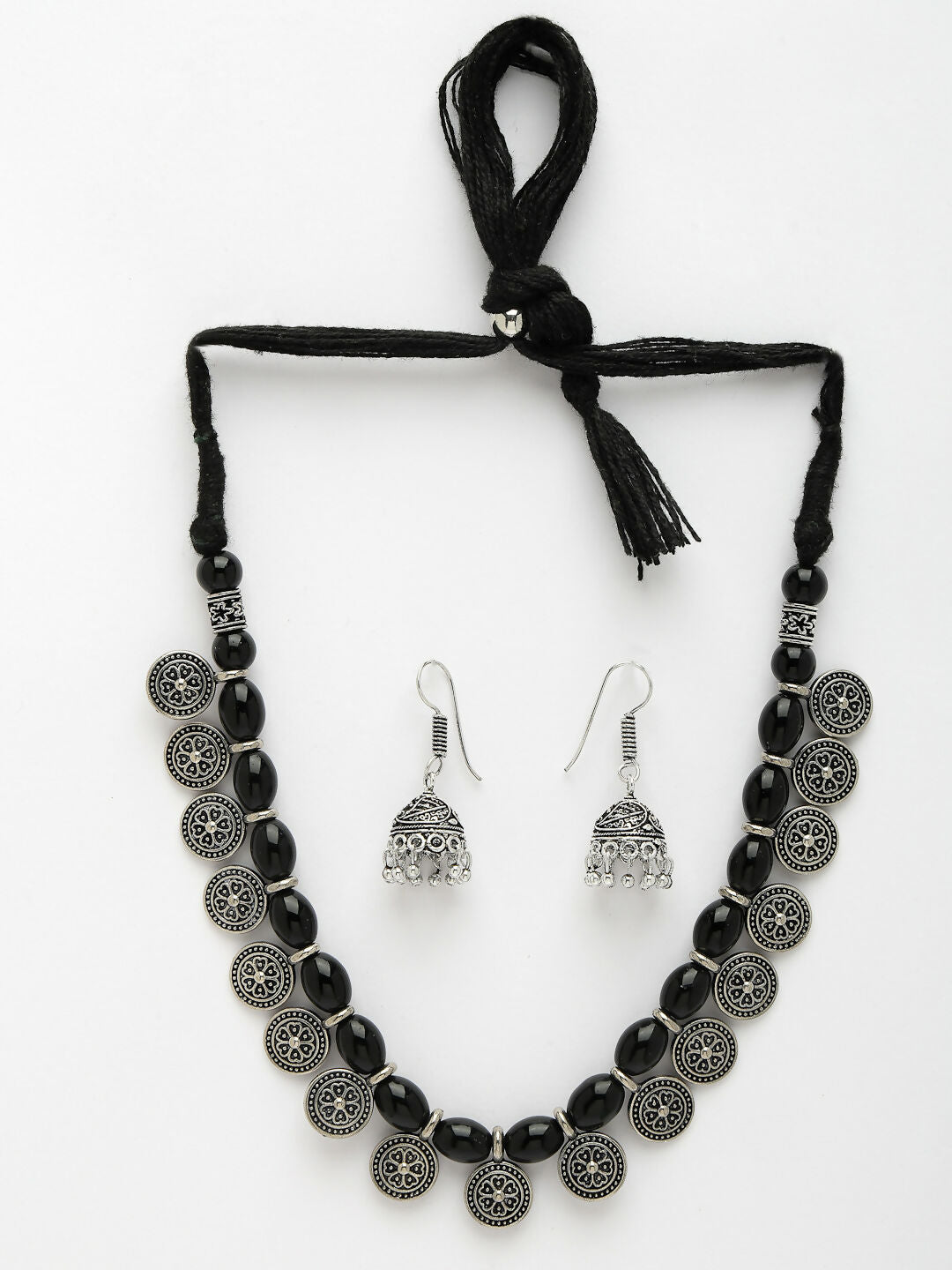 NVR Women's Black Silver-Plated Choke Oxidized Necklace with Jhumka Earrings - Swadesiicart